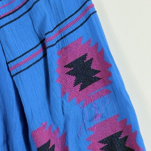 Maeve Bright Blue Native Cross Stitch Boho Peasant Western Shirt Top‎ Womens XS - Picture 6 of 8